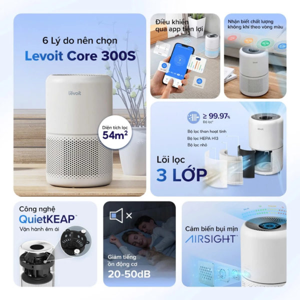 Máy Lọc Không Khí Levoit Core 300S – Lõi HEPA 3 lớp lọc bụi mịn – Đèn cảm biến chất lượng không khí – Hẹn giờ | Bảo hành 24 Tháng