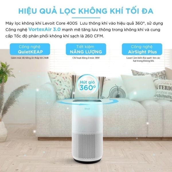 Máy Lọc Không Khí Levoit Core 400S – Lõi HEPA 3 lớp lọc bụi mịn – Đèn cảm biến chất lượng không khí – Hẹn giờ | Bảo hành 24 Tháng