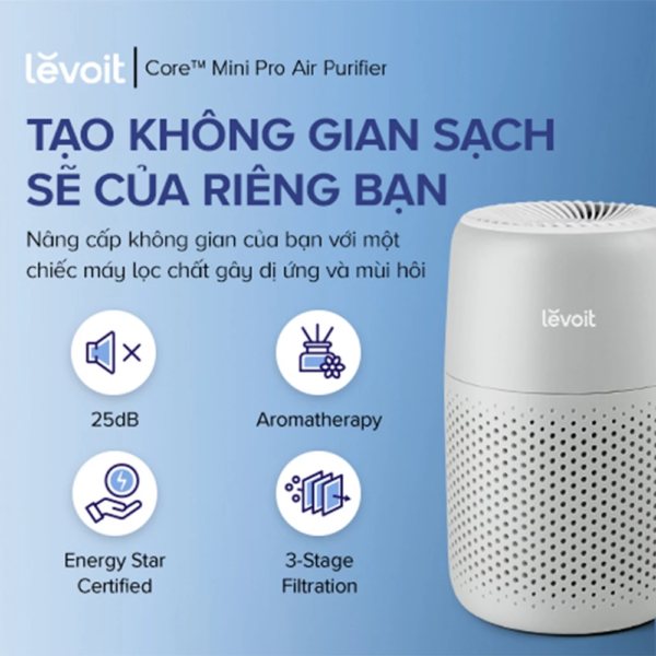 Máy Lọc Không Khí Levoit Core Mini Pro – Lõi HEPA 3 lớp lọc bụi mịn – Khuếch tán tinh dầu – Màn điều khiển – Bảo hành 24 Tháng