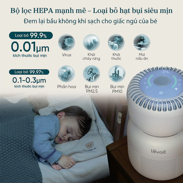 Máy Lọc Không Khí Levoit Sprout – Lọc bụi mịn – Tiếng ồn trắng – Đèn ngủ – 5 cảm biến với 7 yếu tố | Bảo hành 24 Tháng