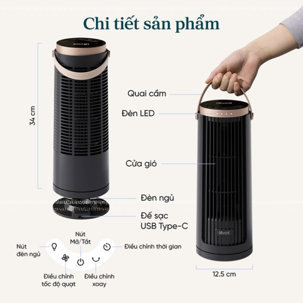 Quạt Tháp Thông Minh Levoit Windi Mini Pro | Điều khiển từ xa – Đèn ngủ – 5 tốc độ gió – Tích điện | Bảo hành 24 Tháng